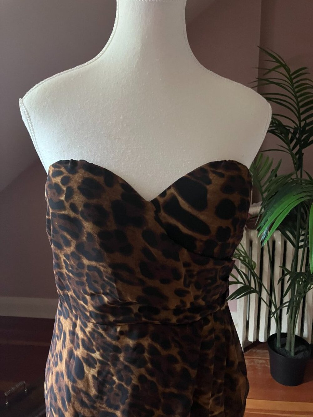 Leopard print tan & black sweetheart neckline evening gown long high-low dress - Picture 2 of 11